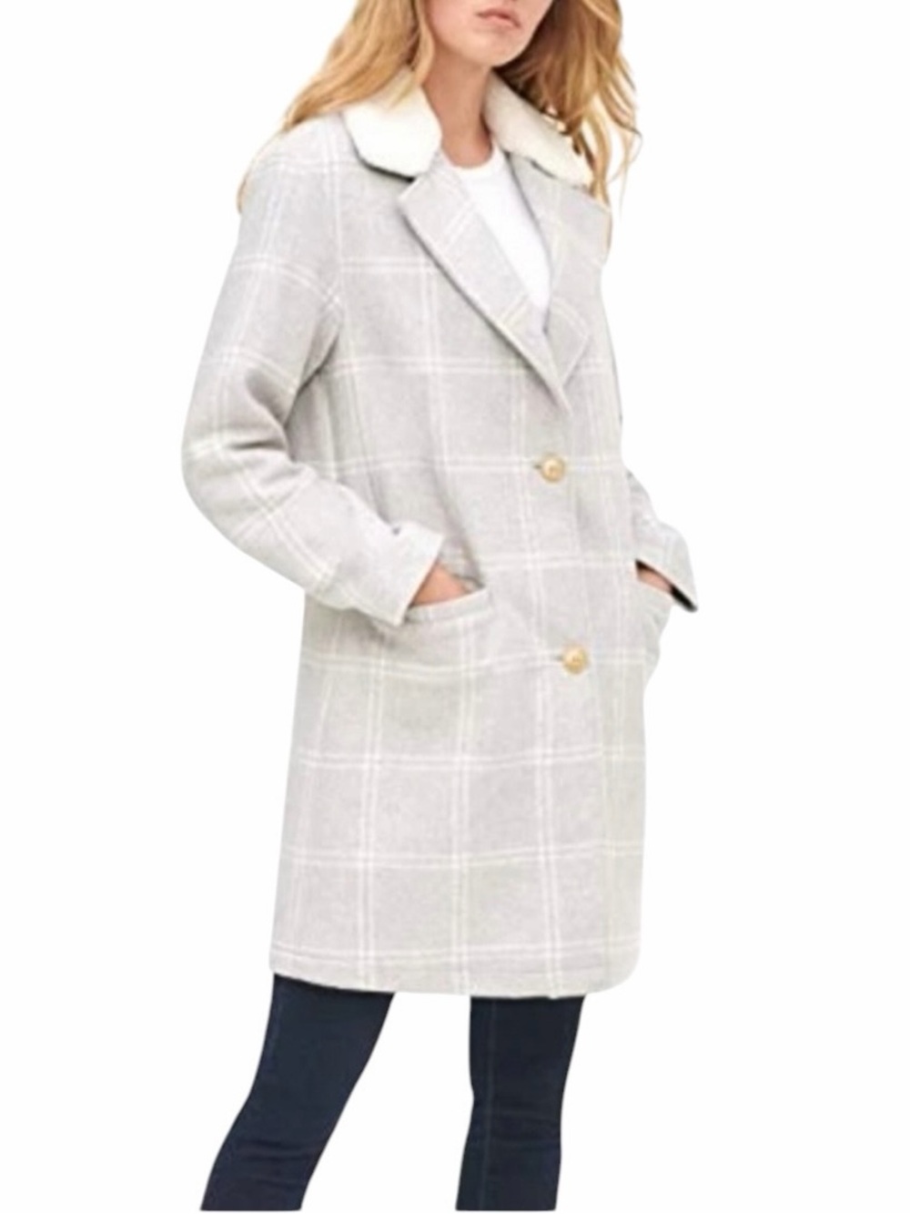 Levi's Women's Wool Plaid Sherpa Collar Top Coat, Grey Plaid, Large